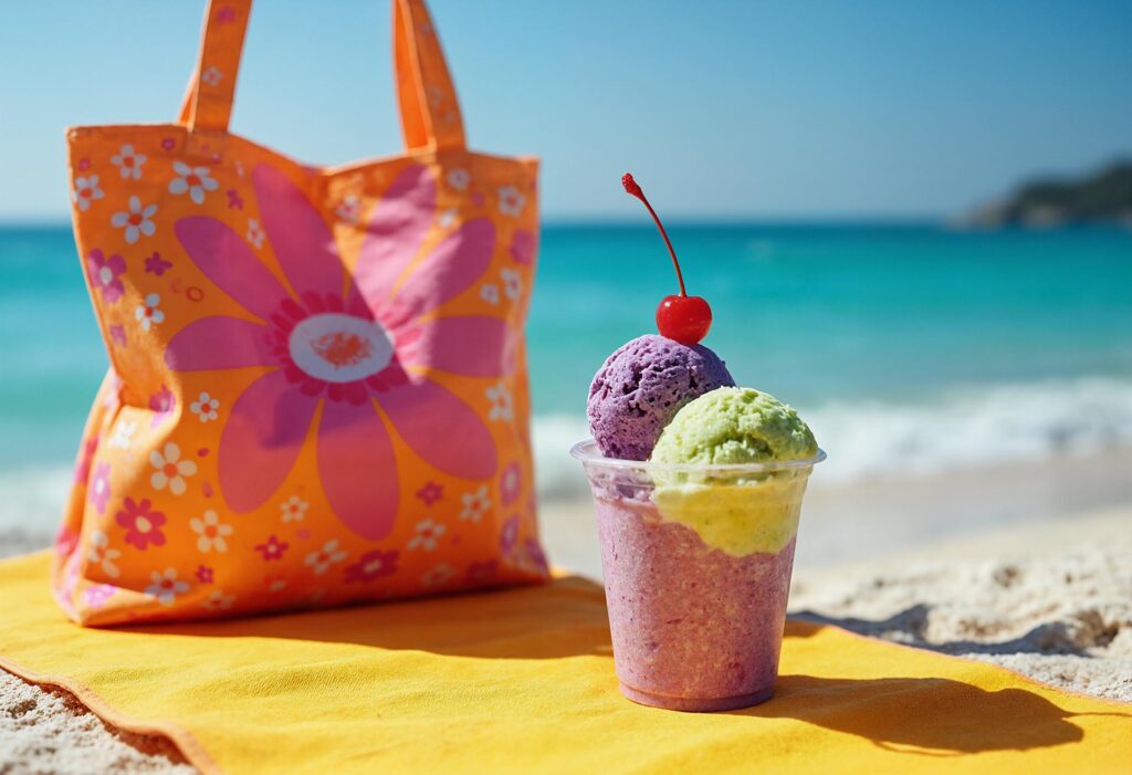 A colorful patterned tote bag is placed on the beach, with an ice cream with two scoops in front of it.; Shutterstock ID 2618544423; purchase_order: -; job: -; client: -; other: -